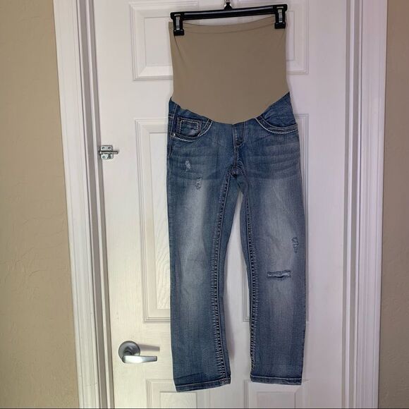 Indigo Blue Distressed Cropped Maternity Jeans Size Small Full Belly Panel - Picture 1 of 9